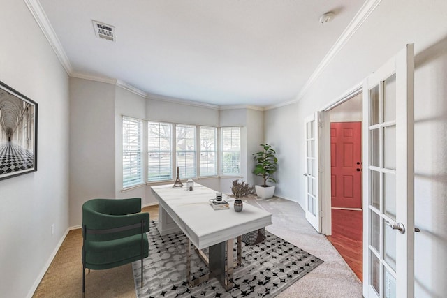 104 Bayonne Dr, Mansfield, TX 76063 - carpeted home office with french doors, ornamental molding, and baseboards