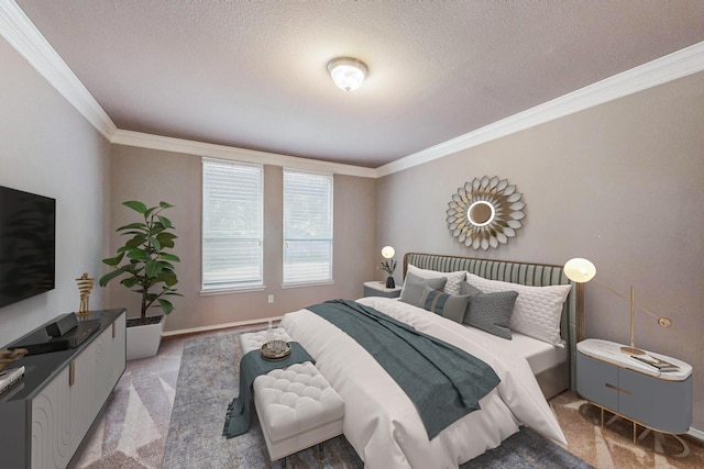 104 Bayonne Dr, Mansfield, TX 76063 - bedroom with ornamental molding, light carpet, a textured ceiling, and baseboards