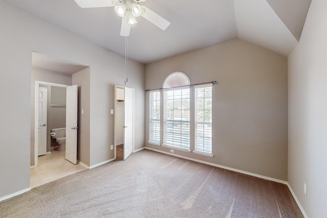 104 Bayonne Dr, Mansfield, TX 76063 - unfurnished bedroom featuring carpet floors, baseboards, ensuite bath, vaulted ceiling, and ceiling fan