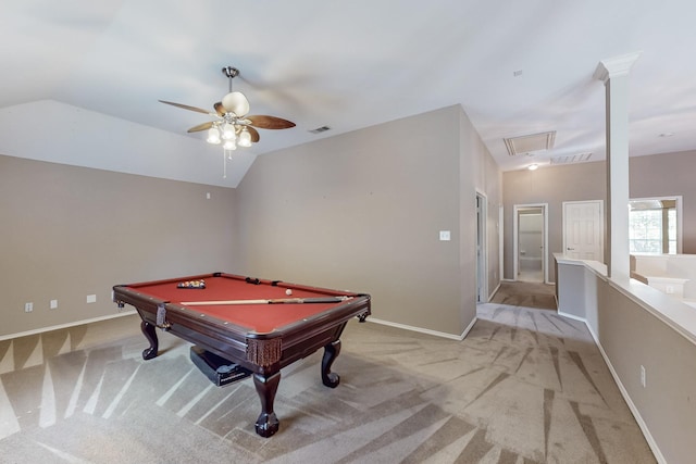 104 Bayonne Dr, Mansfield, TX 76063 - rec room with a ceiling fan, light carpet, billiards, baseboards, and vaulted ceiling