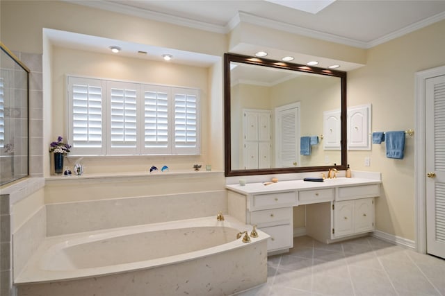full bathroom featuring crown molding, a garden tub, a closet, vanity, and tile patterned flooring