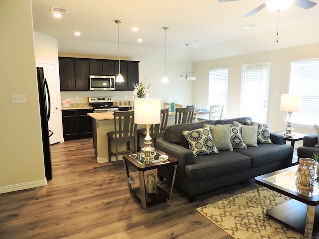 112 Westview Dr, Gun Barrel City, TX 75156 - living room with dark wood finished floors, ceiling fan, and recessed lighting