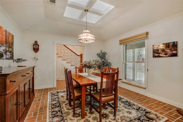 625 Estates Dr, Copper Canyon, TX 75077 - dining room featuring a skylight, brick flooring, baseboards, stairway, and ornamental molding