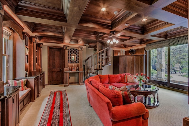 625 Estates Dr, Copper Canyon, TX 75077 - living area featuring stairs, light carpet, coffered ceiling, beam ceiling, and ceiling fan