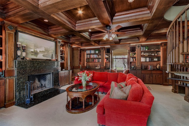 625 Estates Dr, Copper Canyon, TX 75077 - living room featuring light carpet, wood ceiling, a fireplace, ornamental molding, and beamed ceiling