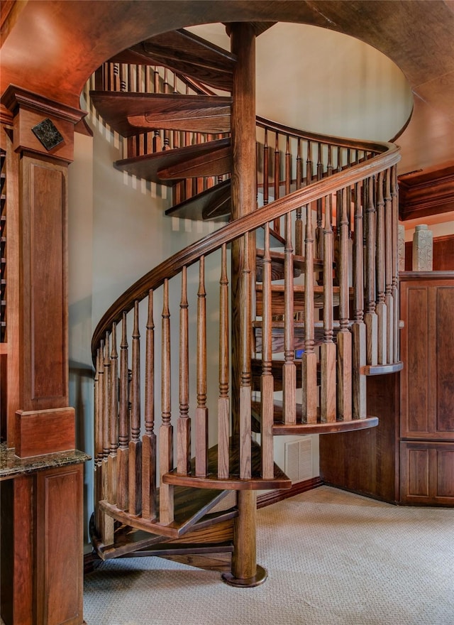 625 Estates Dr, Copper Canyon, TX 75077 - staircase with carpet flooring and arched walkways