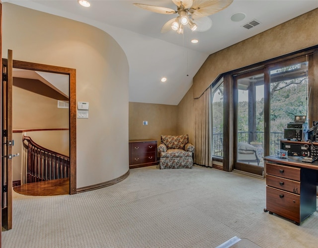 625 Estates Dr, Copper Canyon, TX 75077 - home office with light colored carpet, lofted ceiling, a ceiling fan, and recessed lighting