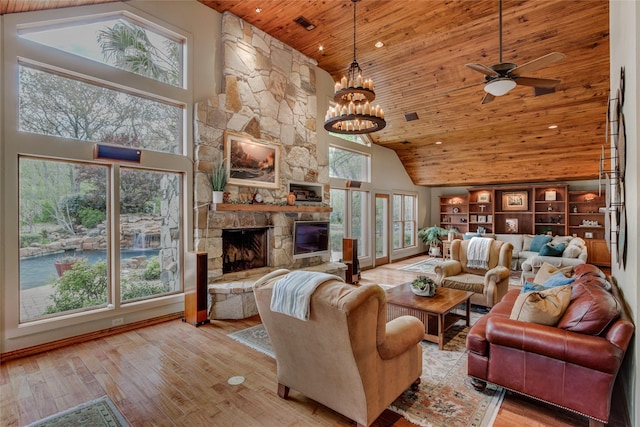 625 Estates Dr, Copper Canyon, TX 75077 - living area featuring wooden ceiling, high vaulted ceiling, wood finished floors, ceiling fan, and a stone fireplace