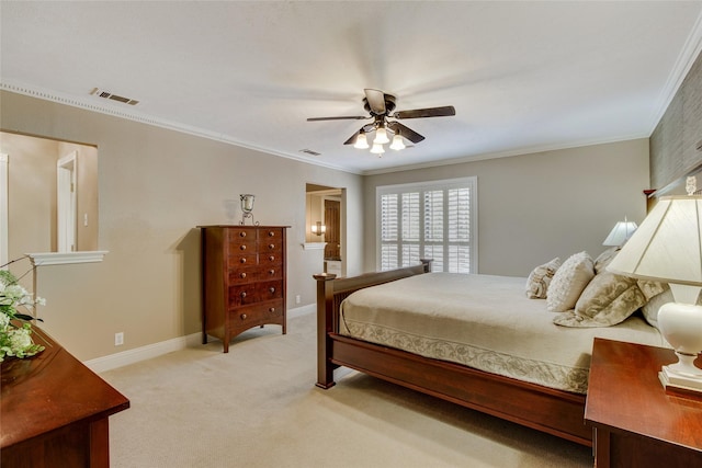 625 Estates Dr, Copper Canyon, TX 75077 - bedroom featuring light carpet, crown molding, baseboards, and a ceiling fan