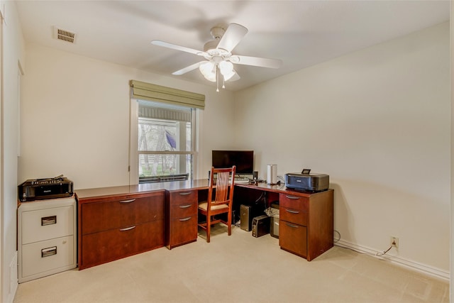 625 Estates Dr, Copper Canyon, TX 75077 - office area with light colored carpet, a ceiling fan, and baseboards