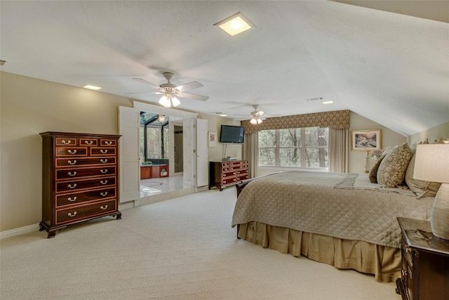 625 Estates Dr, Copper Canyon, TX 75077 - bedroom featuring carpet floors, baseboards, lofted ceiling, and ceiling fan