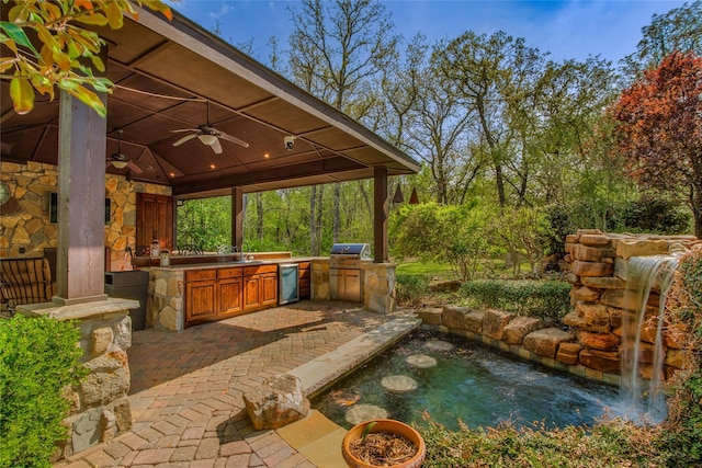 625 Estates Dr, Copper Canyon, TX 75077 - view of patio featuring an outdoor kitchen, ceiling fan, a grill, and a sink