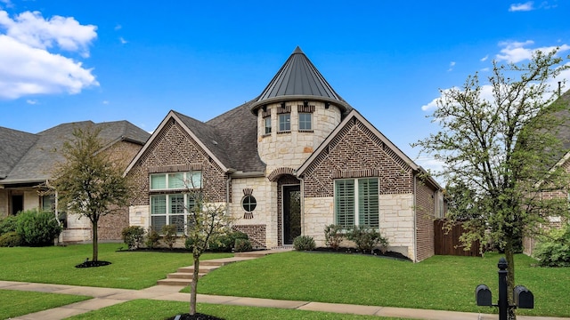 view of front of house with stone siding, a front yard, a standing seam roof, metal roof, and fence
