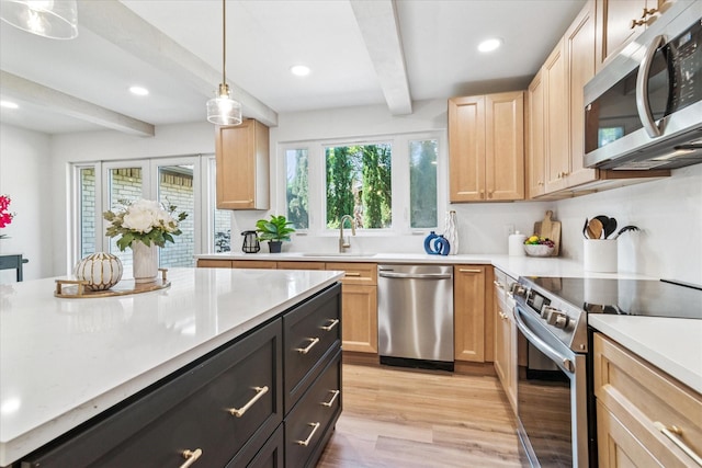 15712 Terrace Lawn Cir, Dallas, TX 75248 - kitchen with stainless steel appliances, beam ceiling, light brown cabinets, light countertops, and recessed lighting