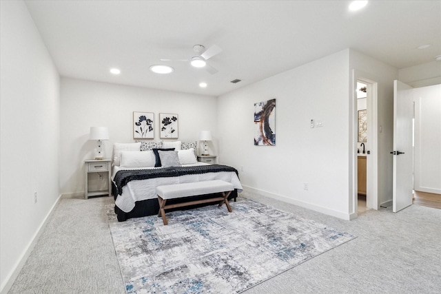 15712 Terrace Lawn Cir, Dallas, TX 75248 - bedroom with light carpet, recessed lighting, and ceiling fan