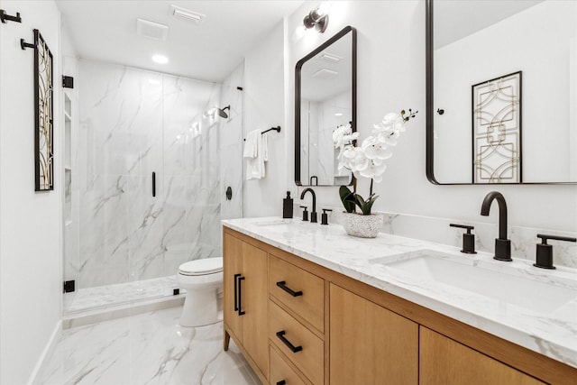 15712 Terrace Lawn Cir, Dallas, TX 75248 - bathroom featuring a marble finish shower, double vanity, marble finish flooring, and recessed lighting