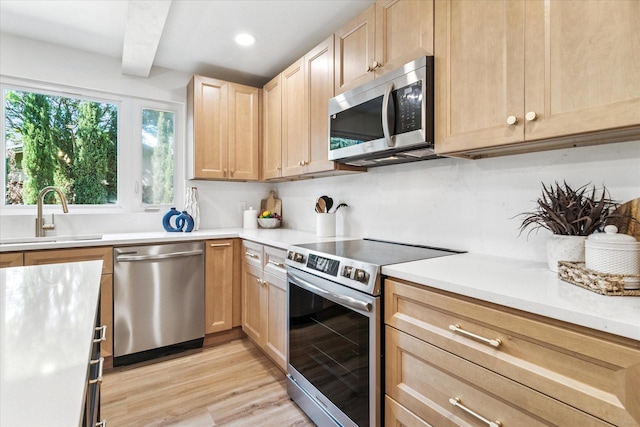 15712 Terrace Lawn Cir, Dallas, TX 75248 - kitchen featuring stainless steel appliances, light brown cabinetry, light wood-style flooring, beamed ceiling, and light countertops