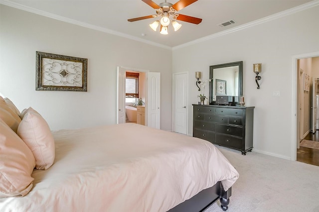bedroom with carpet flooring, ceiling fan, baseboards, visible vents, and ornamental molding