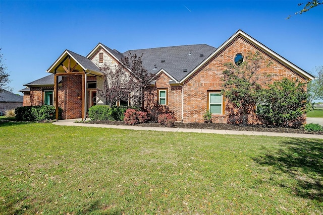 view of front of home with brick siding and a front yard