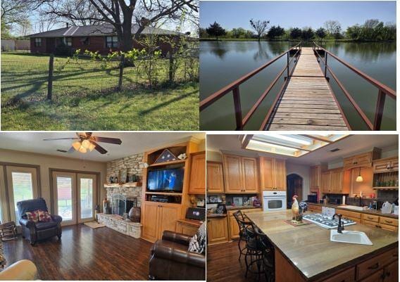 19090 Fm 103, Nocona, TX 76255 - kitchen with oven, dark wood finished floors, a ceiling fan, a sink, and open floor plan