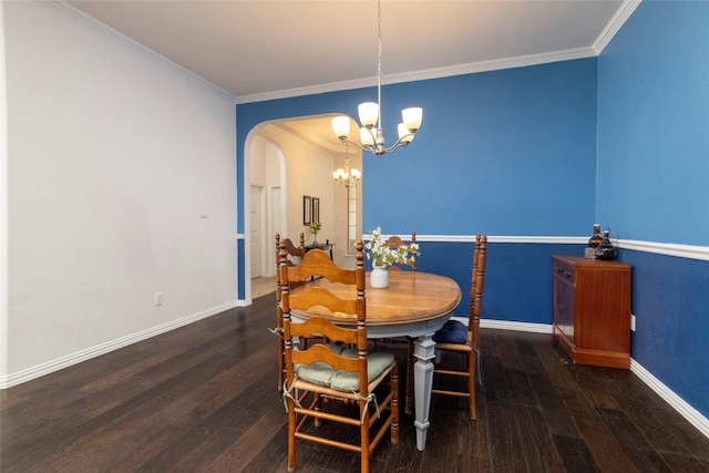 5100 Tortola Ln, Fort Worth, TX 76244 - dining space featuring a chandelier, arched walkways, wood-type flooring, ornamental molding, and baseboards