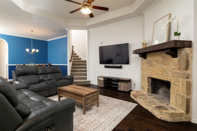 5100 Tortola Ln, Fort Worth, TX 76244 - living room with a ceiling fan, stairway, wood finished floors, a chandelier, and a raised ceiling