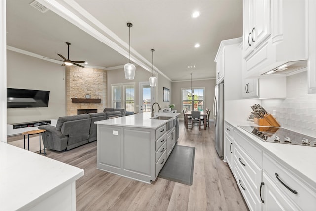 10108 Feather Trace Ln, Waco, TX 76712 - kitchen featuring freestanding refrigerator, black electric cooktop, a sink, a stone fireplace, and light wood finished floors