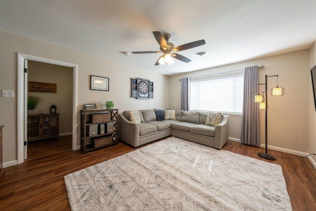 216 Belmont St, Hurst, TX 76053 - living room with a ceiling fan, dark wood-style floors, and baseboards
