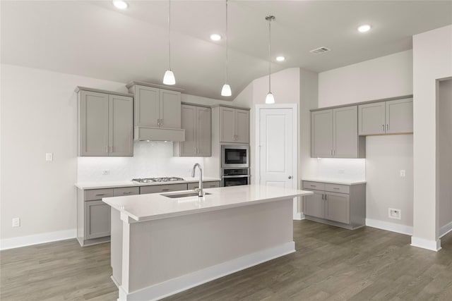 2900 Barbary, Mckinney, TX 75071 - kitchen featuring a sink, stainless steel appliances, backsplash, and gray cabinets