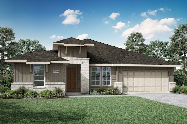 2900 Barbary, Mckinney, TX 75071 - view of front of property featuring board and batten siding, a garage, stone siding, a front yard, and concrete driveway