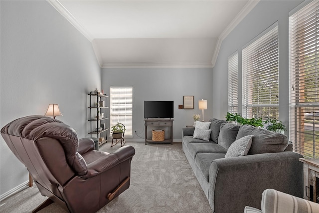 953 Waterbury Way, Keller, TX 76248 - living area with light carpet, ornamental molding, vaulted ceiling, and baseboards
