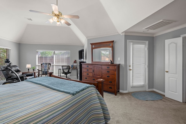 953 Waterbury Way, Keller, TX 76248 - bedroom featuring light carpet, multiple windows, baseboards, vaulted ceiling, and crown molding