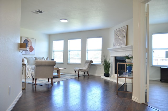 9904 Southgate Dr, Mckinney, TX 75072 - sitting room featuring a fireplace with raised hearth, dark wood-style flooring, and baseboards