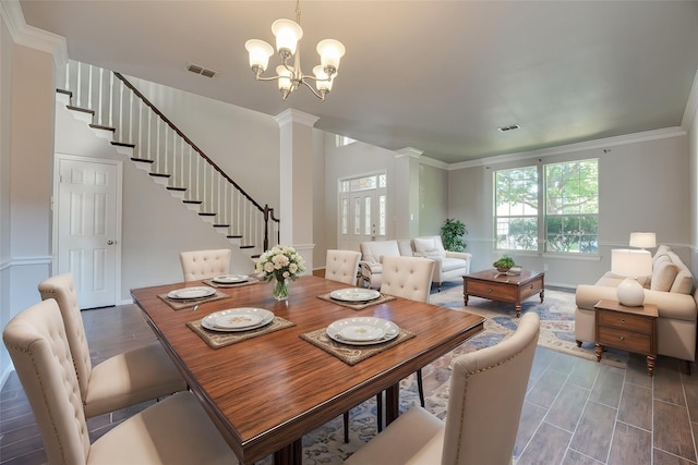 4032 Guthrie Dr, Plano, TX 75024 - dining area featuring decorative columns, stairs, ornamental molding, and a chandelier