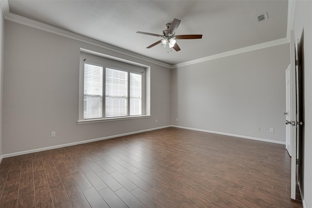 4032 Guthrie Dr, Plano, TX 75024 - empty room featuring a ceiling fan, ornamental molding, and dark wood finished floors