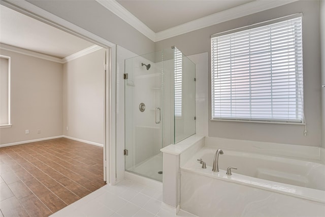4032 Guthrie Dr, Plano, TX 75024 - bathroom with ornamental molding, a stall shower, and a bath