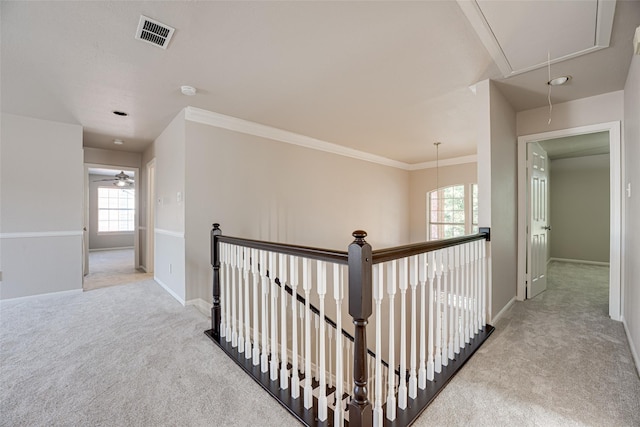 4032 Guthrie Dr, Plano, TX 75024 - corridor with attic access, carpet, healthy amount of natural light, ornamental molding, and an upstairs landing