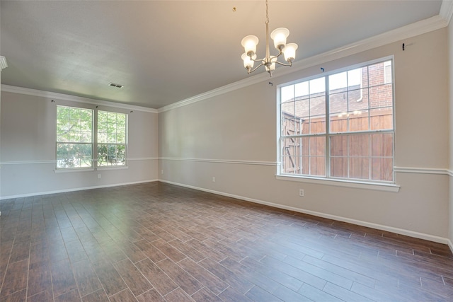 4032 Guthrie Dr, Plano, TX 75024 - unfurnished room featuring a chandelier, healthy amount of natural light, ornamental molding, and dark wood-style floors