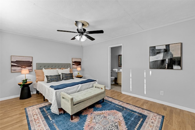 bedroom with ceiling fan, baseboards, ornamental molding, and wood finished floors