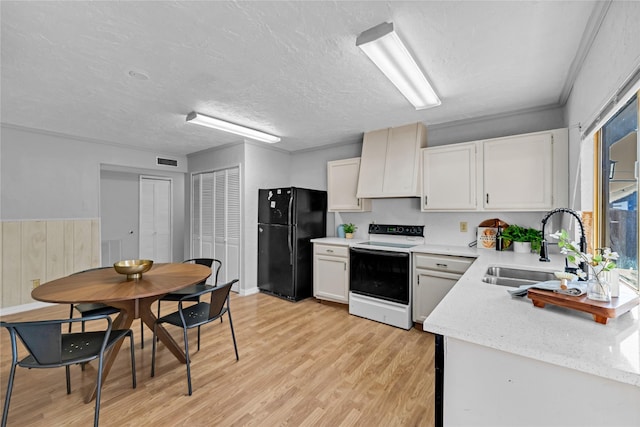 kitchen with electric range, a sink, freestanding refrigerator, light wood finished floors, and white cabinetry