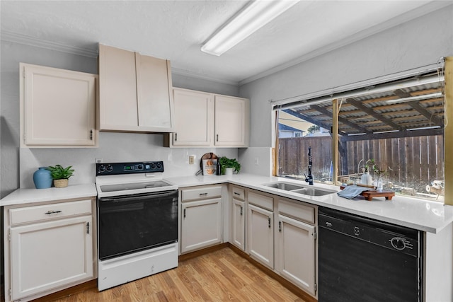 kitchen with a sink, light countertops, electric stove, black dishwasher, and ornamental molding