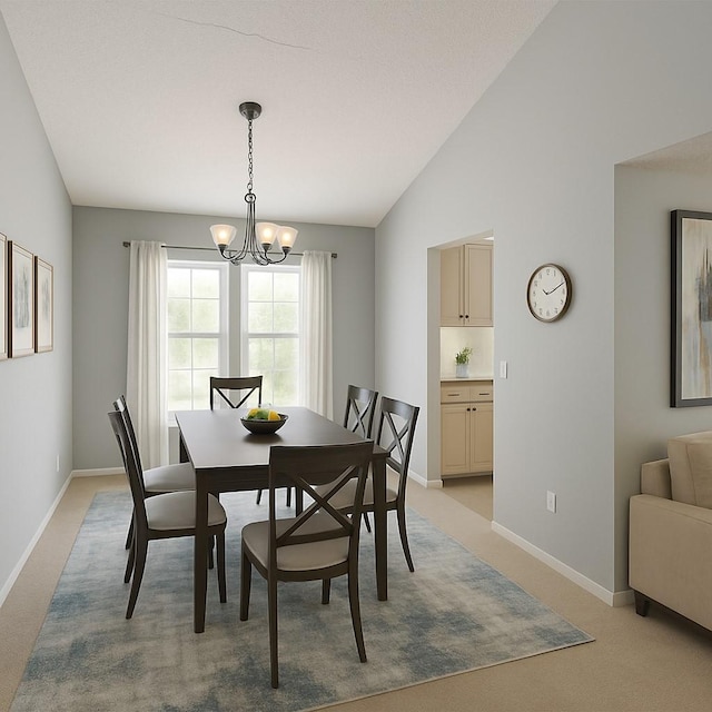 2205 Meadow Ln, Garland, TX 75040 - dining area with vaulted ceiling, baseboards, light colored carpet, and a chandelier