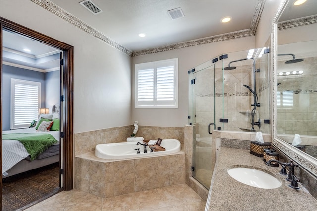 2890 Creekwood Ln, Prosper, TX 75078 - ensuite bathroom with a garden tub, a shower stall, plenty of natural light, ornamental molding, and tile patterned floors