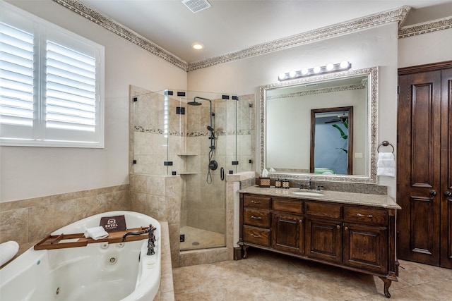 2890 Creekwood Ln, Prosper, TX 75078 - bathroom with a shower stall, a jetted tub, vanity, and tile patterned floors