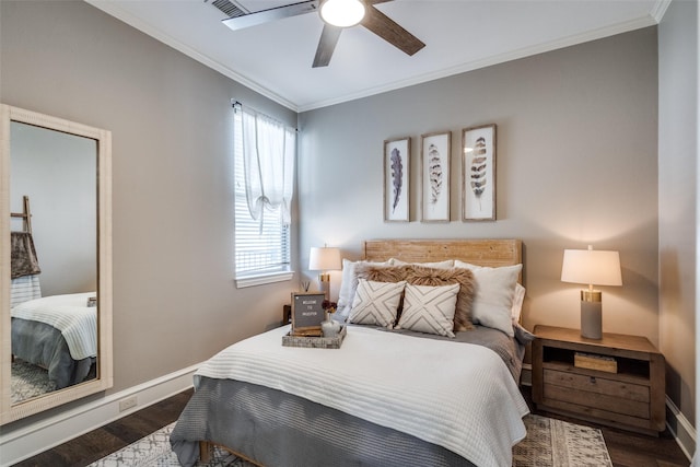 2890 Creekwood Ln, Prosper, TX 75078 - bedroom with dark wood-style flooring, multiple windows, crown molding, and ceiling fan