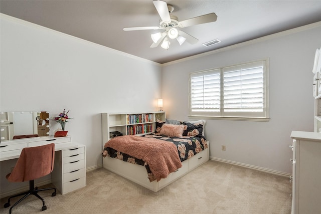 2890 Creekwood Ln, Prosper, TX 75078 - bedroom with light colored carpet, ornamental molding, and a ceiling fan