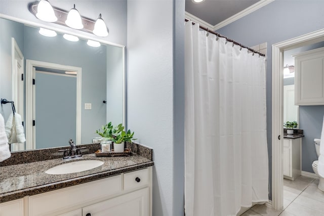 2890 Creekwood Ln, Prosper, TX 75078 - bathroom featuring vanity, crown molding, tile patterned floors, and a shower with shower curtain