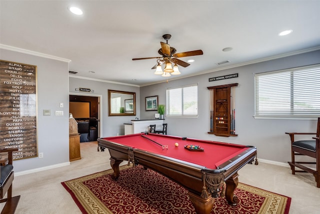2890 Creekwood Ln, Prosper, TX 75078 - recreation room featuring light carpet, ceiling fan, billiards table, recessed lighting, and crown molding