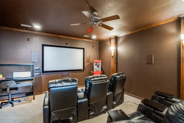 2890 Creekwood Ln, Prosper, TX 75078 - home theater room featuring carpet floors, ceiling fan, crown molding, and recessed lighting