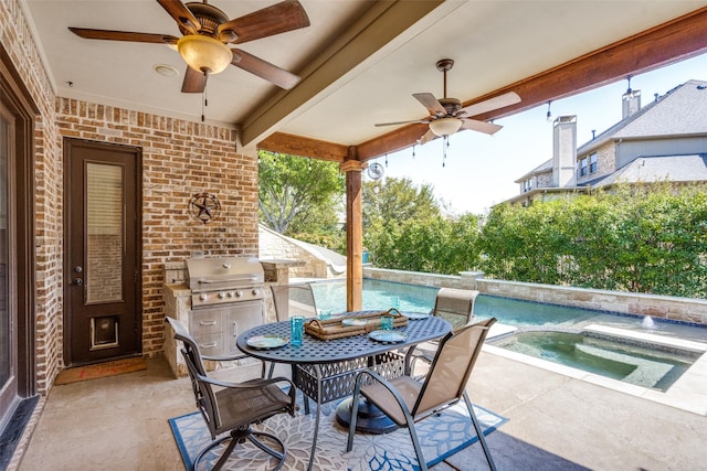 2890 Creekwood Ln, Prosper, TX 75078 - view of patio with ceiling fan, an in-ground hot tub, outdoor dining space, an outdoor pool, and exterior kitchen